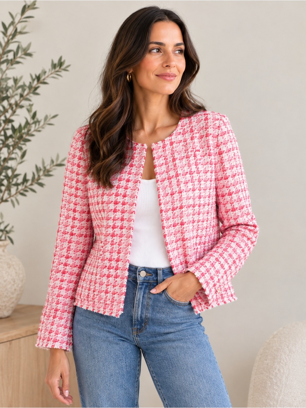 Talbots Pink & White Houndstooth Collarless Tweed Jacket size 12